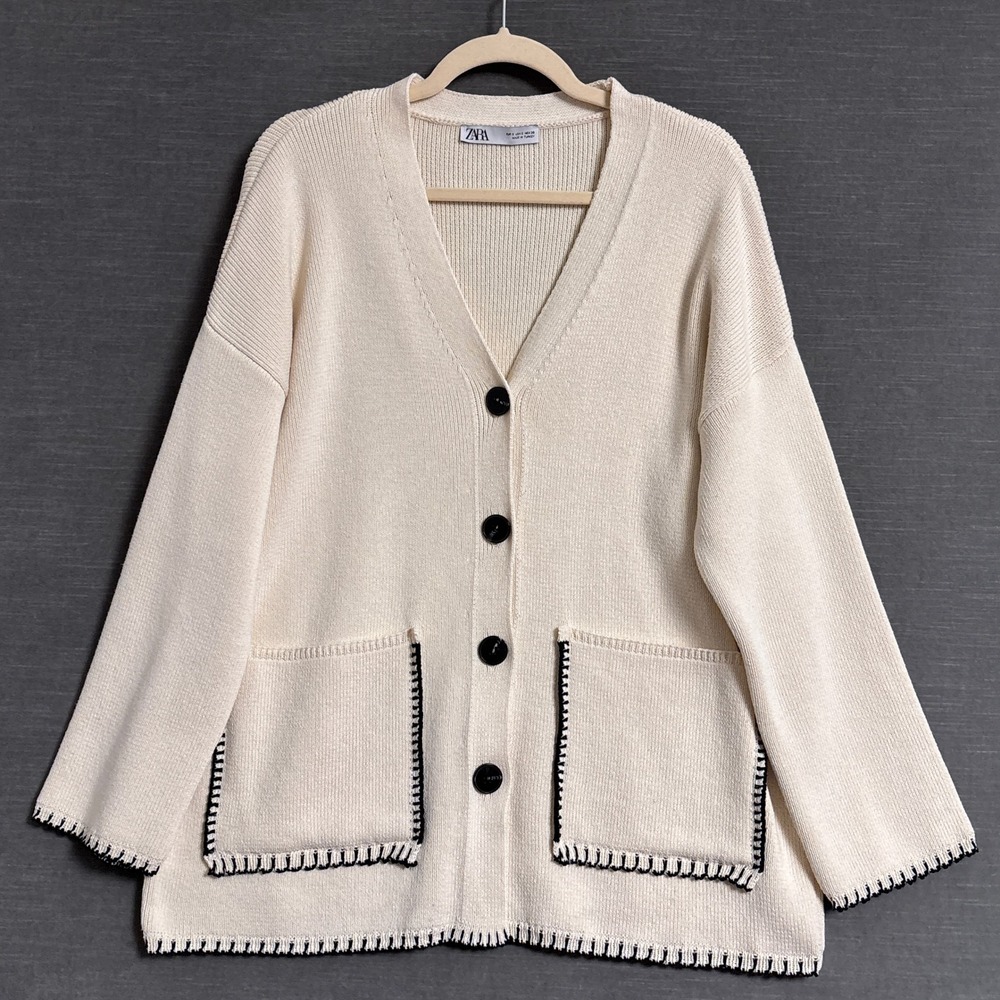 Zara Cardigan Sweater S Oversized Cream Cotton Blend Blanket Stitch Career